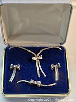 Full view of the jewelry set displayed in a case, showing necklace, earrings, bracelet, and brooch with bow design on serpentine flat chain.