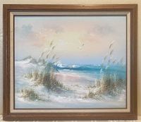 Full framed oil on canvas painting showing the whole seascape artwork with sand dunes, grasses and ocean waves.