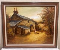 Photo showing front view of the framed acrylic painting 'Cumberland Cottage' with stone cottage, figure, and ducks in rural setting.