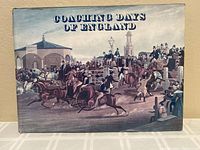 Front cover of the dust jacket depicting a historical coaching scene with horse-drawn carriages and people in period attire, titled Coaching Days of England.