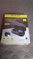 Photo of the front of the Fricon True Wireless Sports Earbuds box, showing the product image, brand, model (T13), and features.