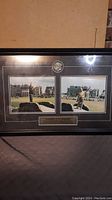 Full view of framed golf photo featuring two side-by-side golf action shots with plaque below, black frame