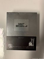 Front view of sealed David Beckham Respect gift box showing product details and size.