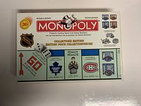 Front of NHL Monopoly board game box showing collector's edition branding and NHL logos