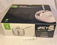 Boxed Meyer Accolade 4L Stainless Steel Saucepan showing packaging and branding, sealed new.