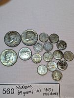 Overview of all coins on white cloth background, showing totals and condition