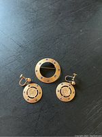 Brooch and earrings displayed together on black surface