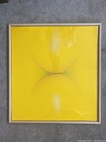 Full view of framed pastel artwork on yellow background with soft overlapping circular shapes.