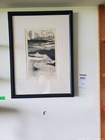 Full view of framed print on wall with lot sticker visible