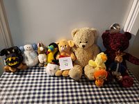 Photo of 10 assorted stuffed animals including various dogs, birds, bears and characters on a checkered surface against a white wall.