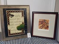 Photo showing two framed wall pictures side by side against a white wall.