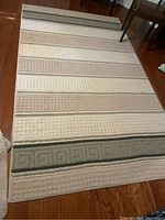 Full view of area rug on hardwood floor showing striped neutral colors and textured pattern.