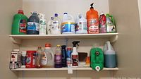 Wide view of two shelves holding various cleaning bottles mostly partial with different colors and brands visible such as Resolve, Clorox, Fast Orange, and others.