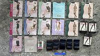 Display of Lavante Italian hosiery products laid flat showing front packaging, featuring fashion illustrations and brand logos.