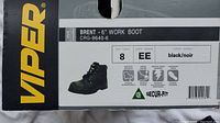 Box label showing Viper Brent 6-inch work boots, size 8 EE, black with safety features icons and model number CRG-9640-6