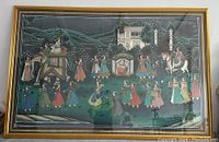 Full view of the framed Indian painting showing a procession with multiple figures, elephants, and horses in a landscape setting.