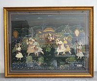 Full view of the framed vintage Indian painting on silk showing a traditional scene with figures and nature.