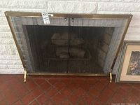 Frontal view of the fireplace screen showing brass frame, mesh screen with two doors and brass feet.