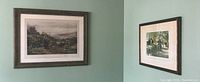 Two framed prints mounted on light blue-green walls showing detailed pastoral scenes by H. Davis Richter.
