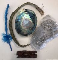 Photo shows an abalone shell, a tied sage bundle, a blue feather, a carved wooden holder, and a plastic bag with dried white sage leaves arranged on a white background.