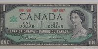 Front side of the 1967 Canadian Centennial one dollar banknote showing Queen Elizabeth II and denomination details.