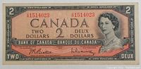 Front view of 1954 Canadian two dollar bill showing Queen Elizabeth II and bilingual text.