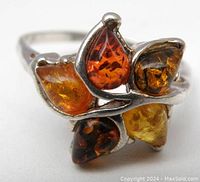 Close-up front view showing five teardrop-shaped amber stones in different colors: dark brown, orange, yellow, and honey tones, set in sterling silver bezels.