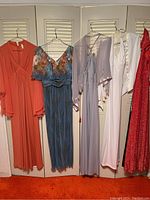 Five vintage women's dresses hanging on white folding closet doors, showing varied colors and styles.