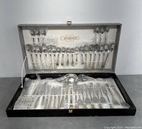 Opened case displaying the full assortment of 50 Saf Inox cutlery pieces in plastic wrap, arranged in top and bottom trays inside the hinged case.