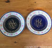 Pair of Dresden Jewel Plates showing cobalt blue center and floral border with gold monogram.