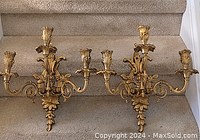 Pair of gilt metal wall sconces displayed together showing overall shape and size
