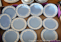 Twelve light blue Wedgwood Jasperware plates arranged flat, showing white leaf relief designs on edges.