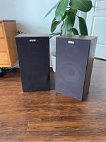 Pair of Akai speakers side by side on wood floor near plant, showing front black fabric covers with Akai labels