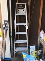 Front view of the six-step aluminum ladder propped inside a garage against a wall, showing steps, top platform, and side rails.