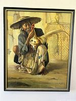 Full frontal view of the framed oil painting showing a seated Asian man holding a rooster.