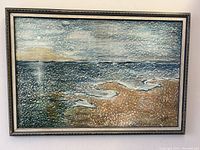 Frontal view of the oil painting showing detailed textured brushwork and pointillism style of moonlight lagoon.