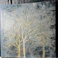 Front view of 24x24 canvas wall art depicting abstract trees with gold and white branches on a gray and beige background.