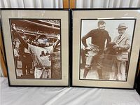 Two framed vintage sports photographs side by side. Left is a football scene, right is baseball player celebration.