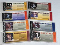 Eight MLB Authentickets laid out flat, each in clear vinyl sleeves, showing front designs with player photos and text.