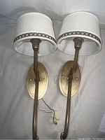 Pair of Fine Art wall lamp sconces from front showing fabric lampshades and brass arms attached to oval backplates.