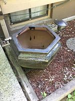 Side angle view showing the hexagonal shape and dark green glazed finish of the ceramic garden pot.