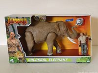 Front view of the toy set in its original box showing the elephant and character figure clearly visible.