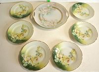 Seven porcelain art plates arranged with one larger serving plate with handles center back and six smaller floral plates around it.