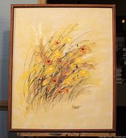 Full view of the framed floral canvas painting by R. Noest with warm-toned abstract flowers.