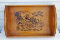 Top view of wooden serving tray showing the internal Mill Creek watermill illustration and logo.