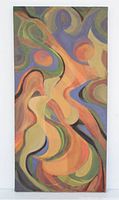 Full view of the abstract painting on canvas, showing the colors and flowing shapes.