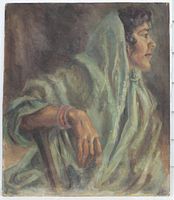 Full view of the oil painting showing a woman in profile wrapped in a green shawl, seated with arm draped on chair back.