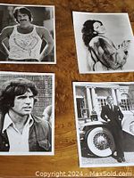Four black and white vintage photographs featuring Hollywood celebrities and classic cars on wooden table.