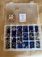Overall view of assorted earrings in plastic organizer and enamel decorative box with Joan Rivers earrings