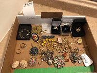 Wide view of entire collection showing brooches, rings, earrings, and necklaces arranged in a box